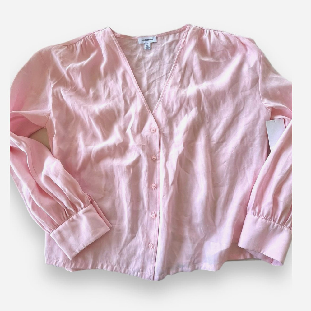 Nordstrom V-Neck Long Sleeve Button-Up Modal Blouse | Pale Pink, Sz L New - Picture 8 of 9